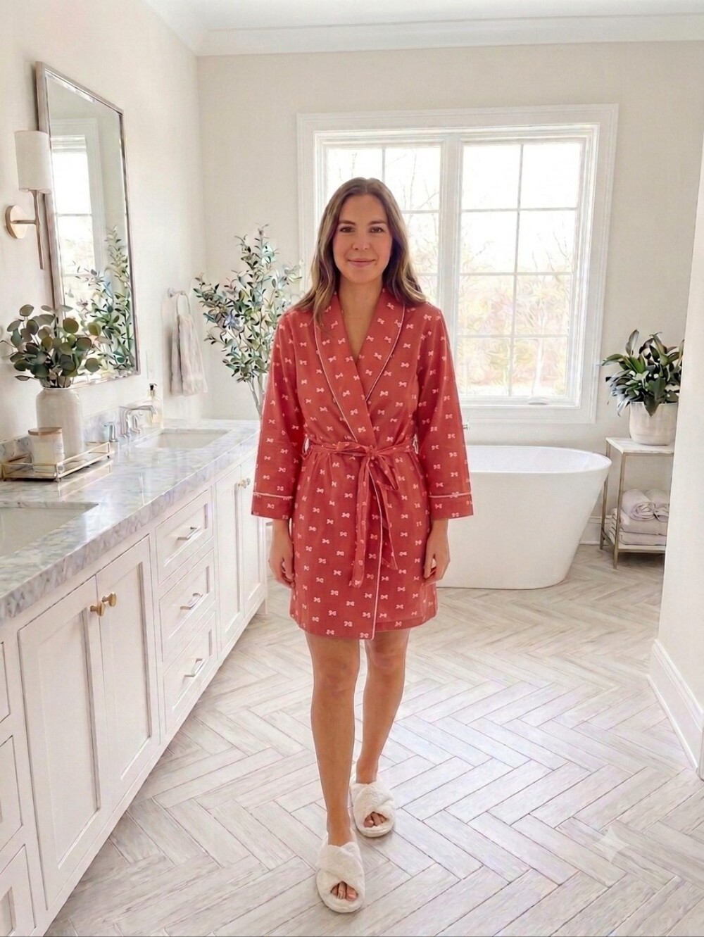 NWT Kate Spade Dream A Little Dream Bow Lightweight Flannel Robe Coral Pink SZ M
